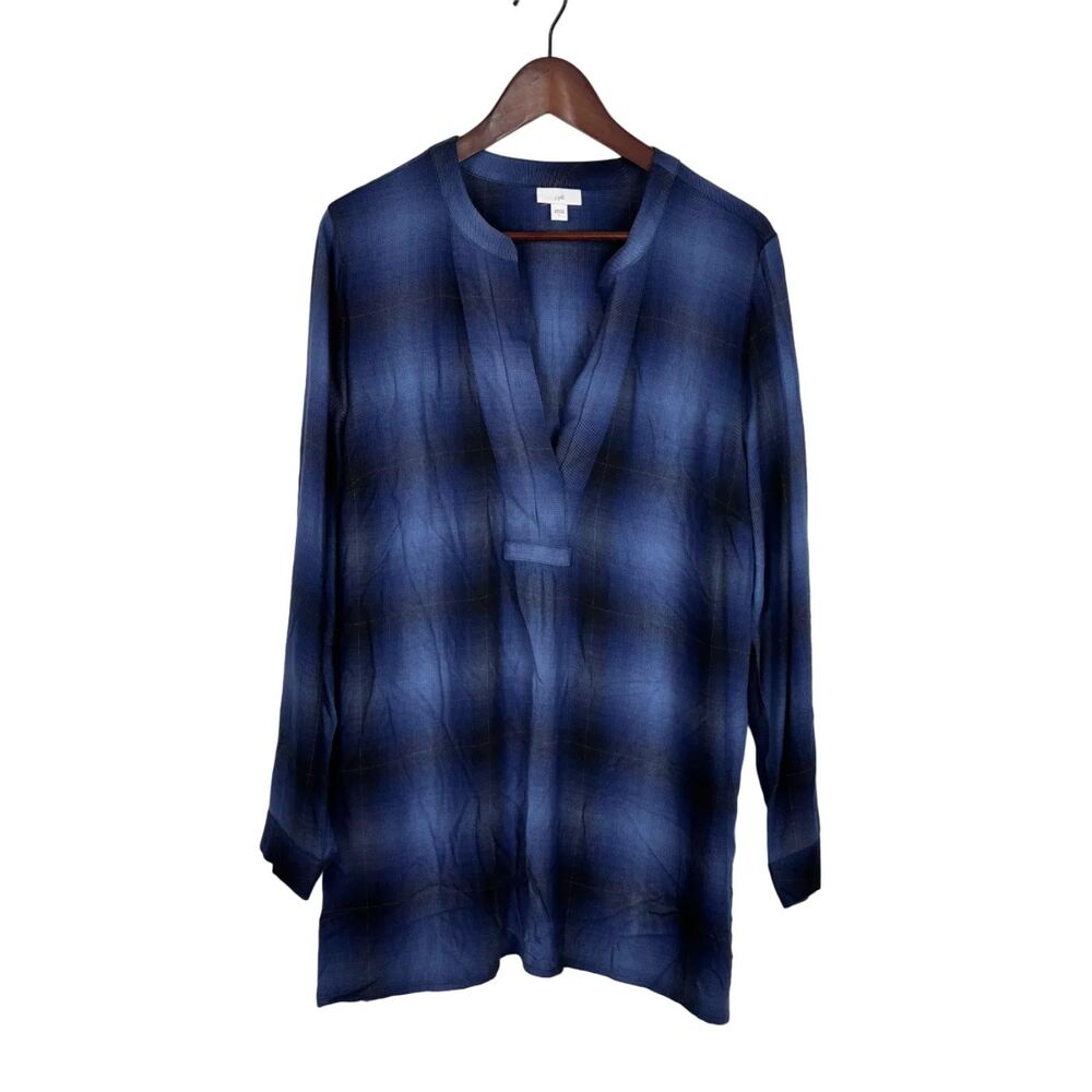 J.Jill Blue Plaid Long Sleeve Tunic V-Neck Women's Large